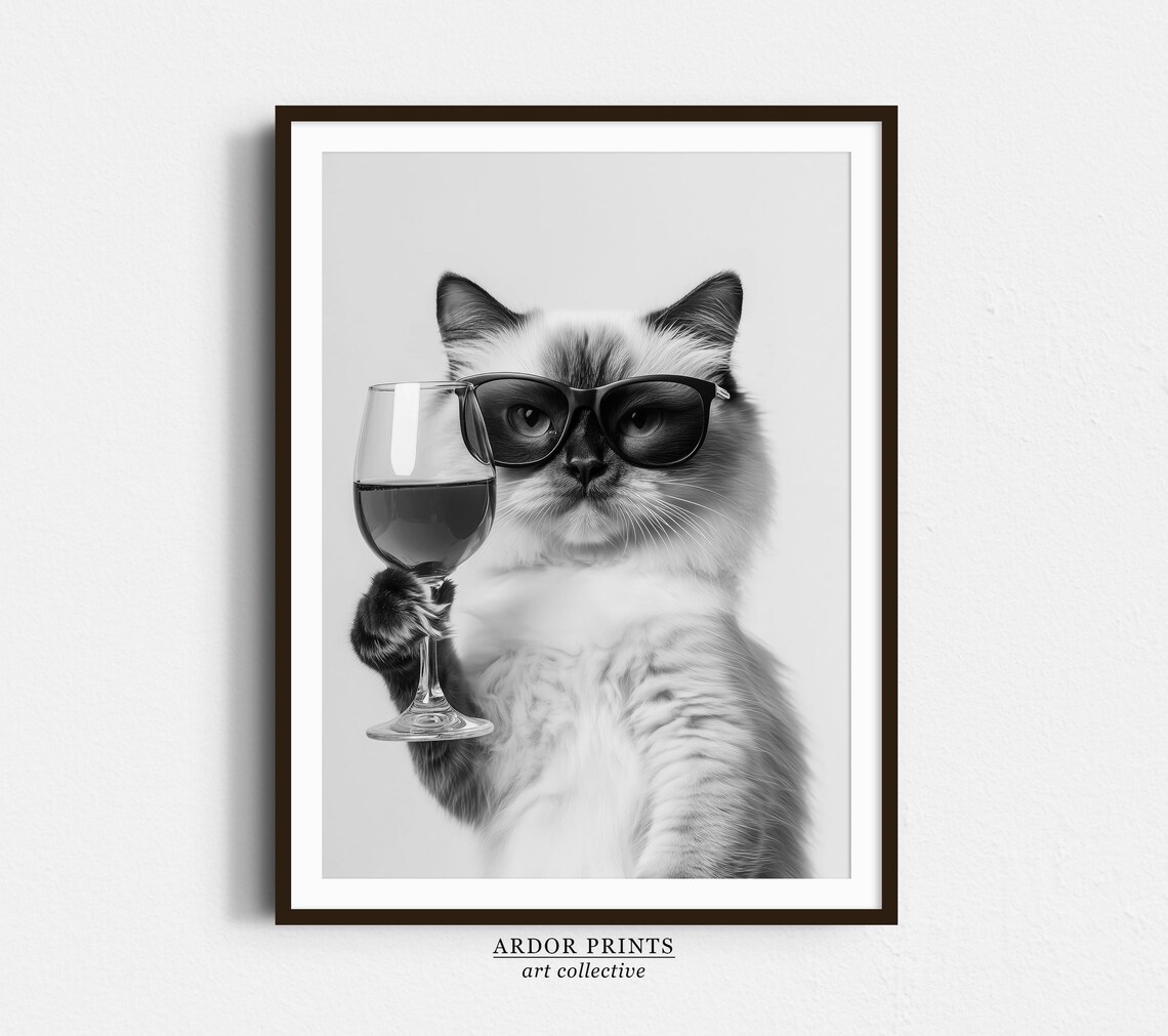 Ragdoll Cat Drinking Wine, Funny Bar Cart Print