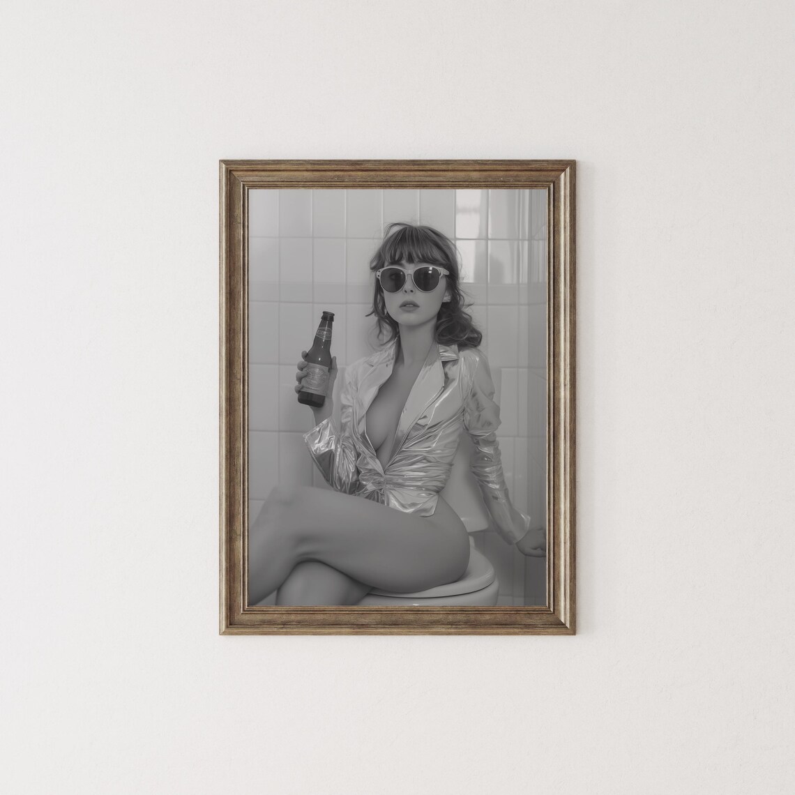 Woman Drinking Beer On Toilet Sunglasses Retro Funny Photo Print - Image 2