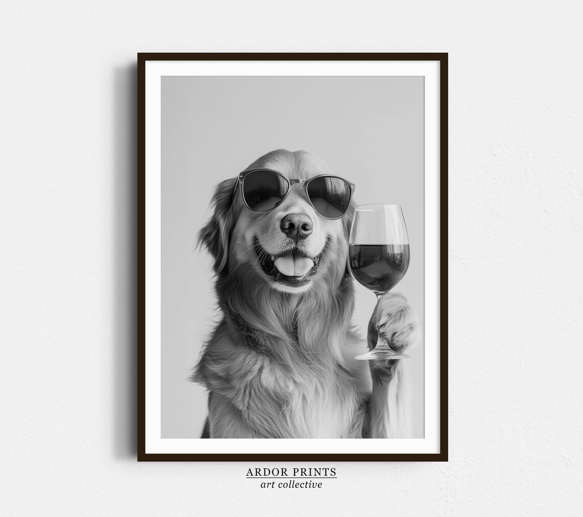 Golden Retriever Drinking Red Wine Art Print, Funny Dog