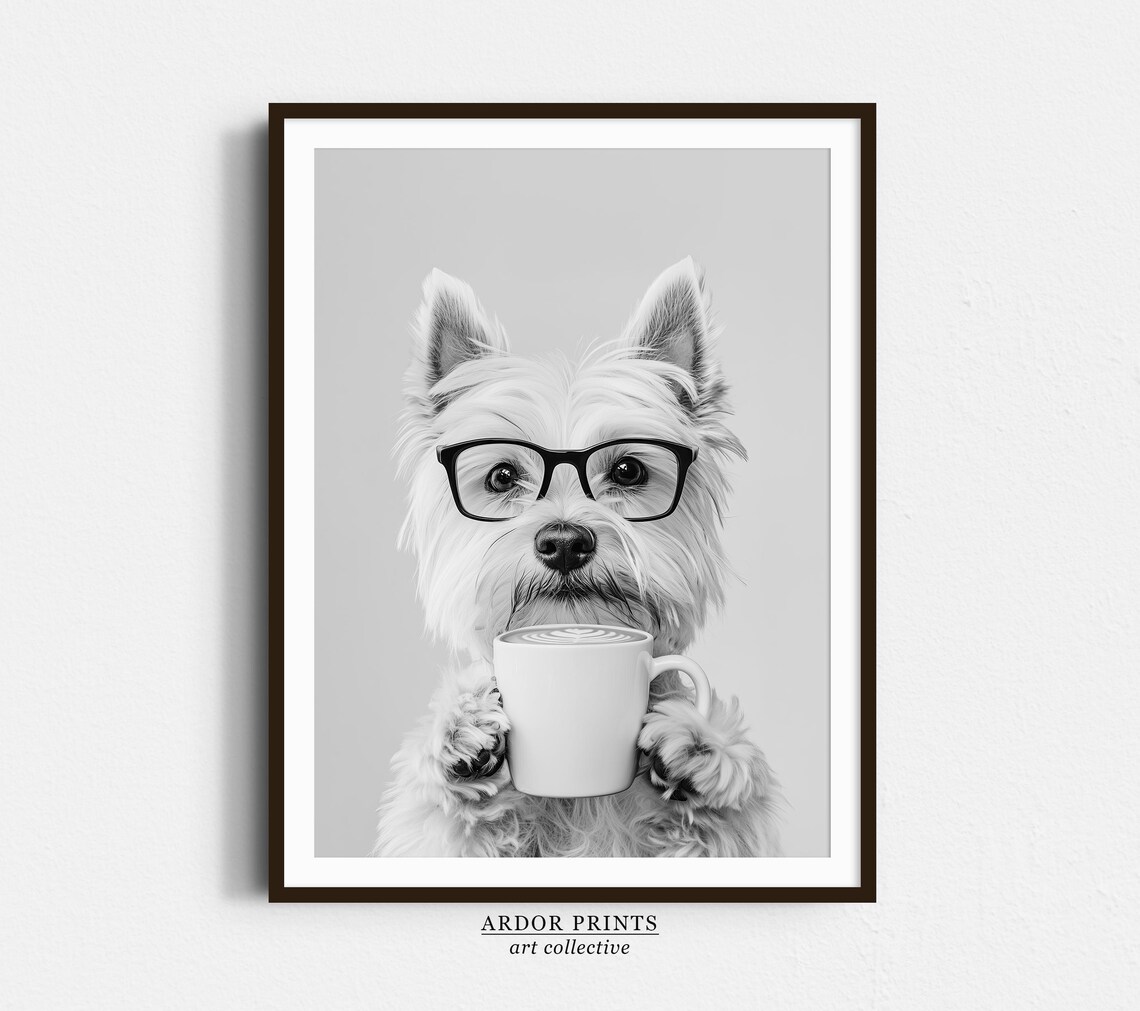 West Highland Terrier Holding Latte Wearing Glasses Funny Dog Poster