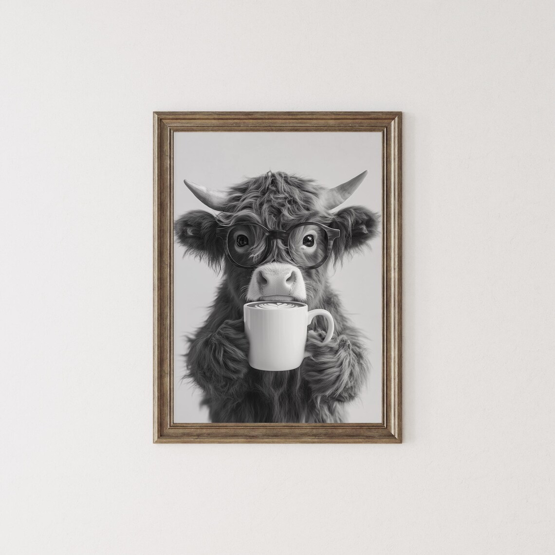Highland Cow Drinking Coffee, Black and White Art Print - Image 2