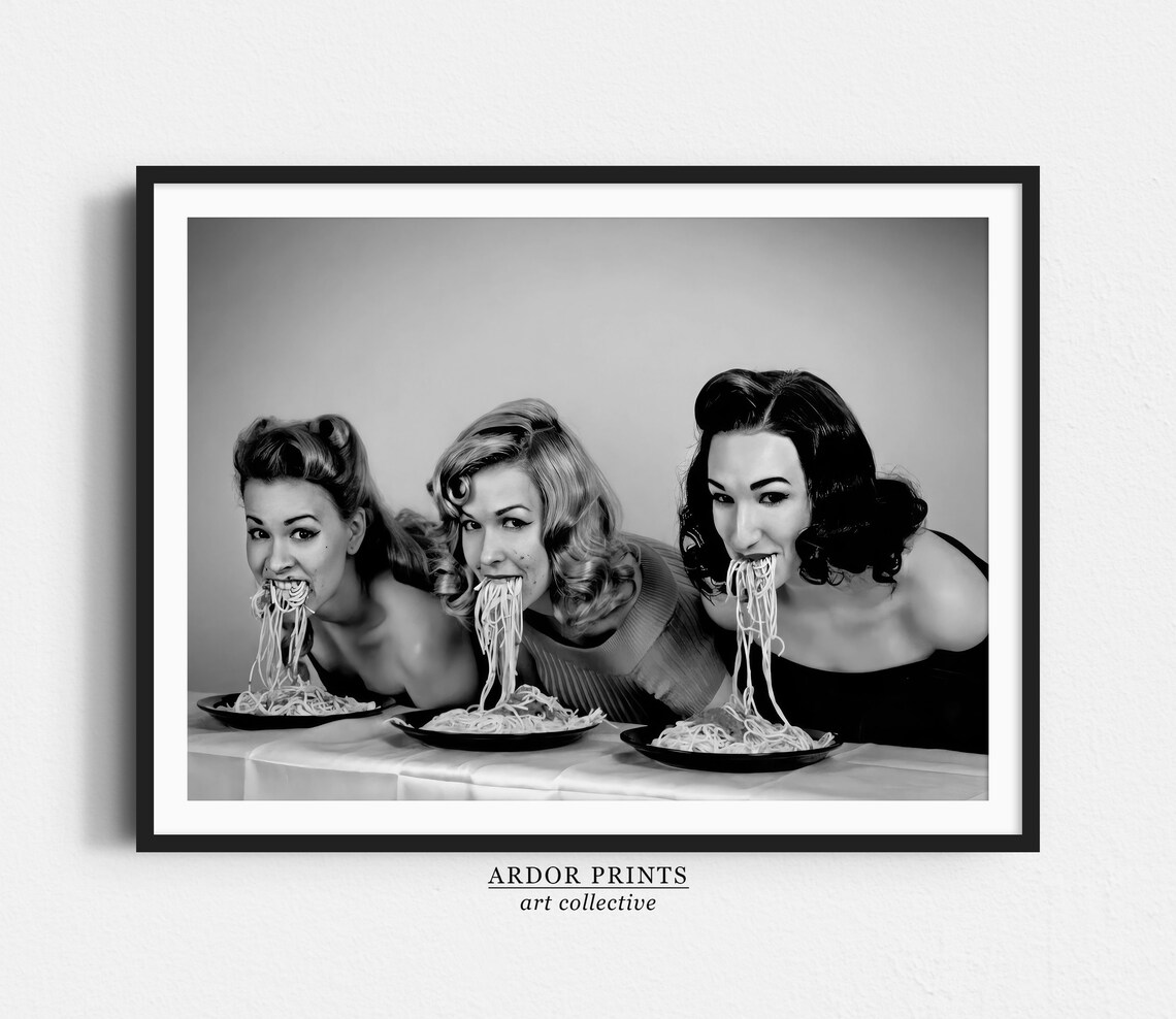 Three Women Eating Spaghetti Vintage Black White Funny Photo Poster Art