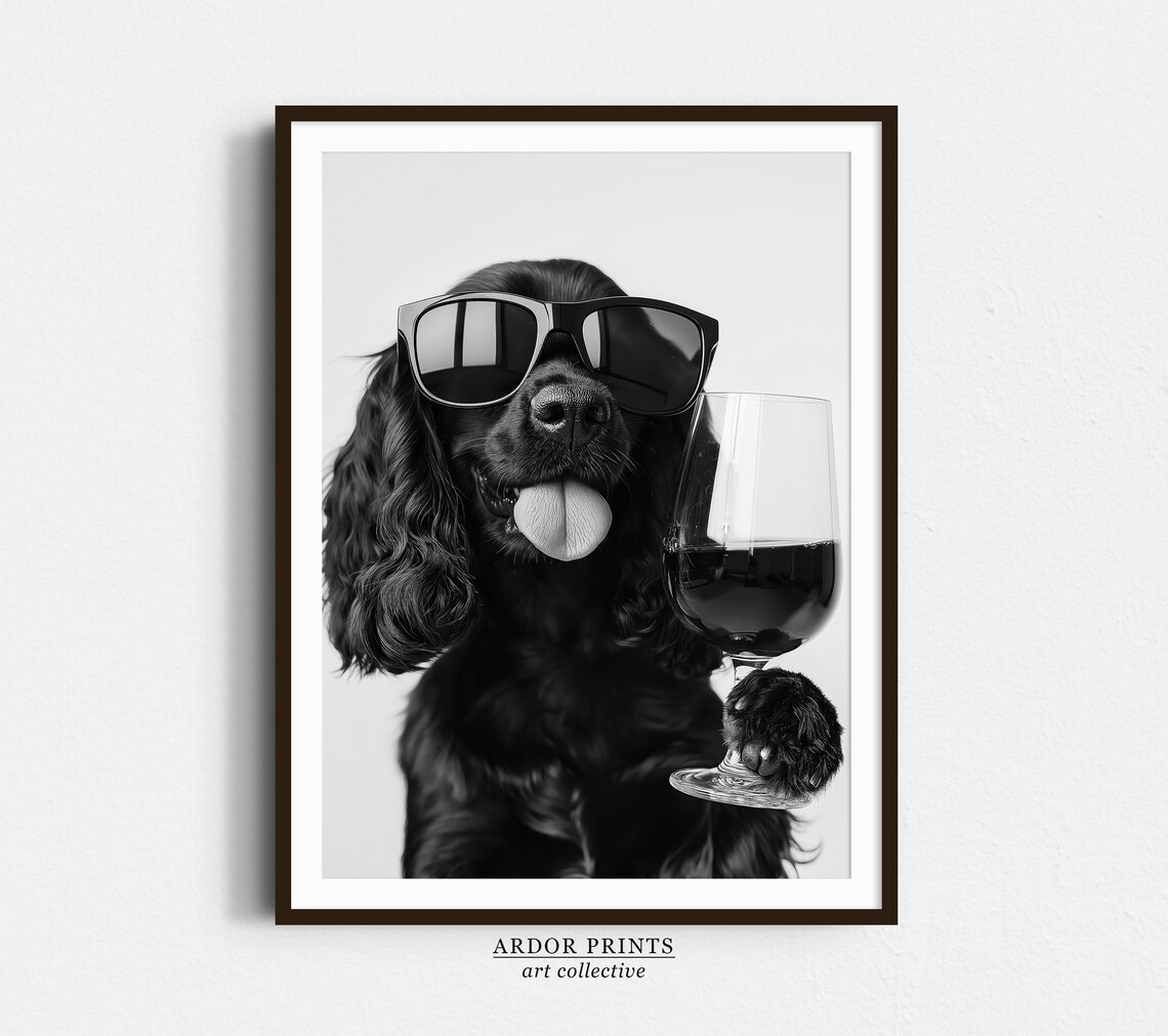 Black Cocker Spaniel Drinking Wine, Funny Dog Poster