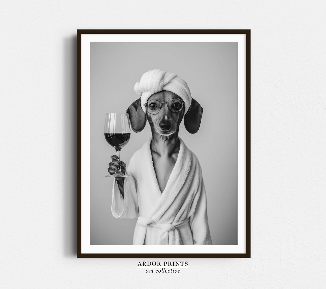 Dachshund Spa Day Bathrobe Towel Wine Glass Funny Dog Wall Art
