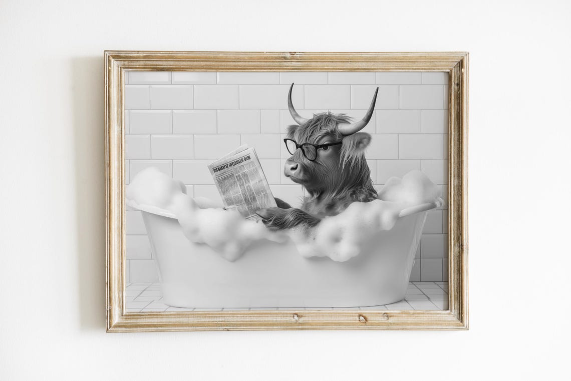 Highland Cow in Bubble Bath Reading Newspaper Black White Print - Image 3