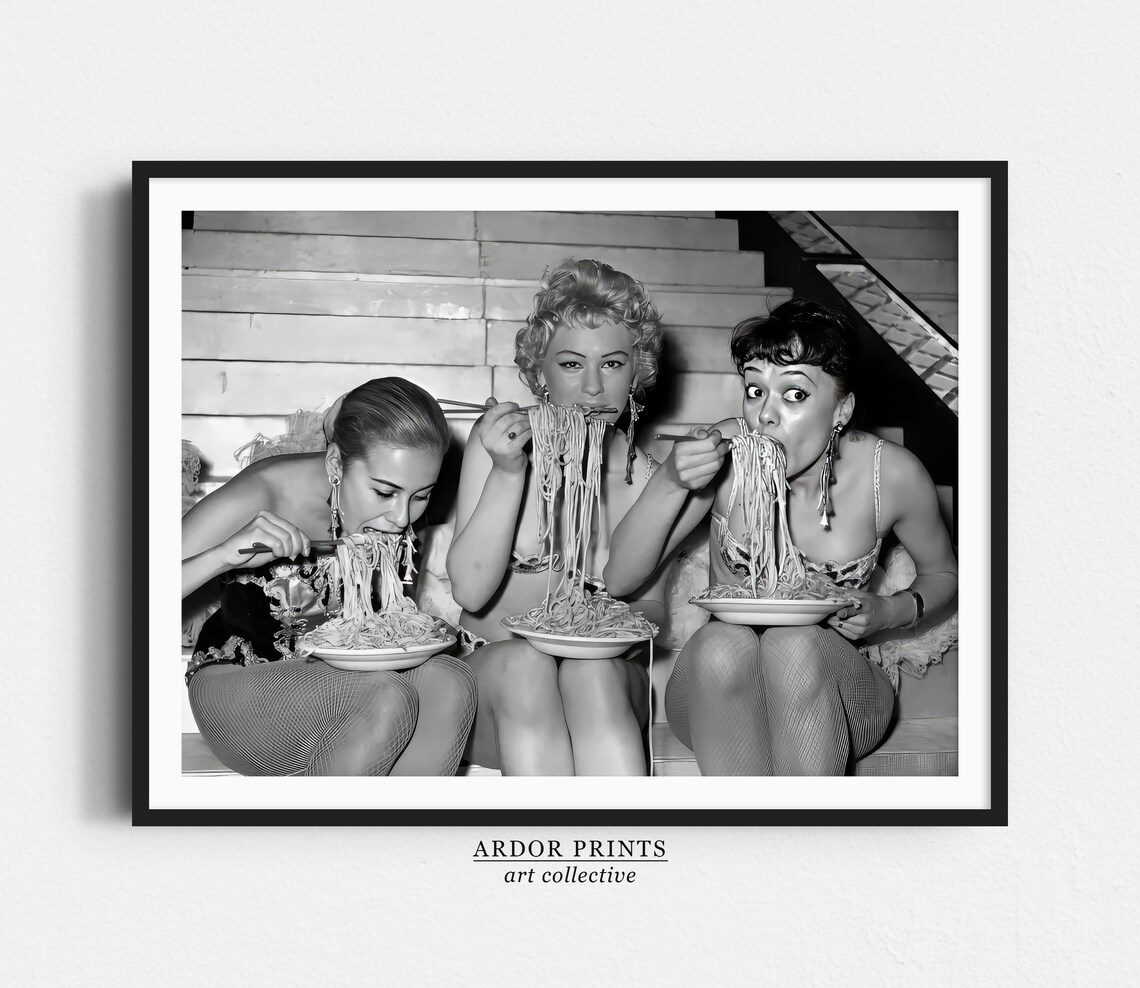 Women Eating Spaghetti With Chopsticks, Vintage Print