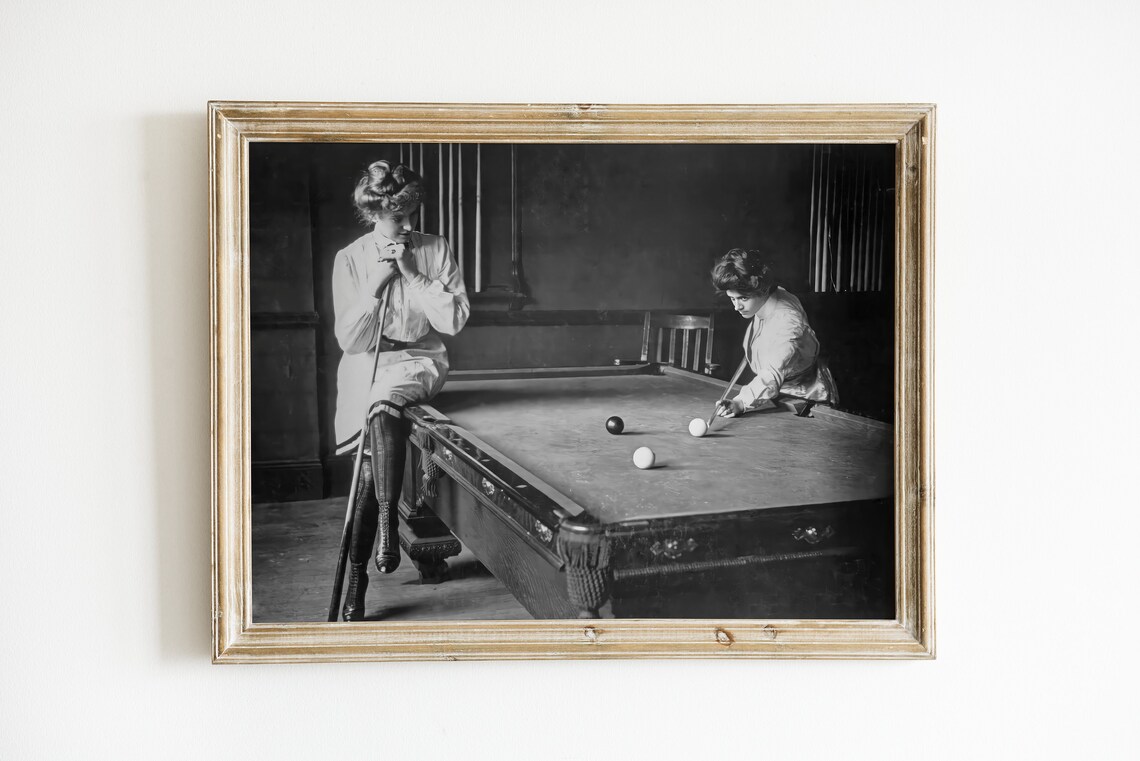 Two Young Women Playing Billiards Vintage Art Print - Image 3