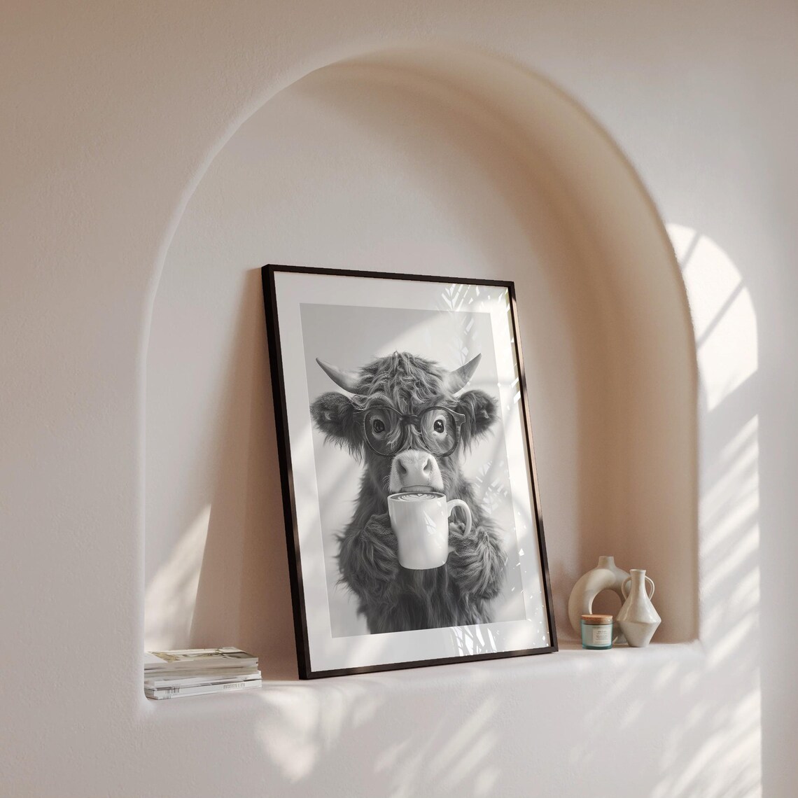 Highland Cow Drinking Coffee, Black and White Art Print - Image 4