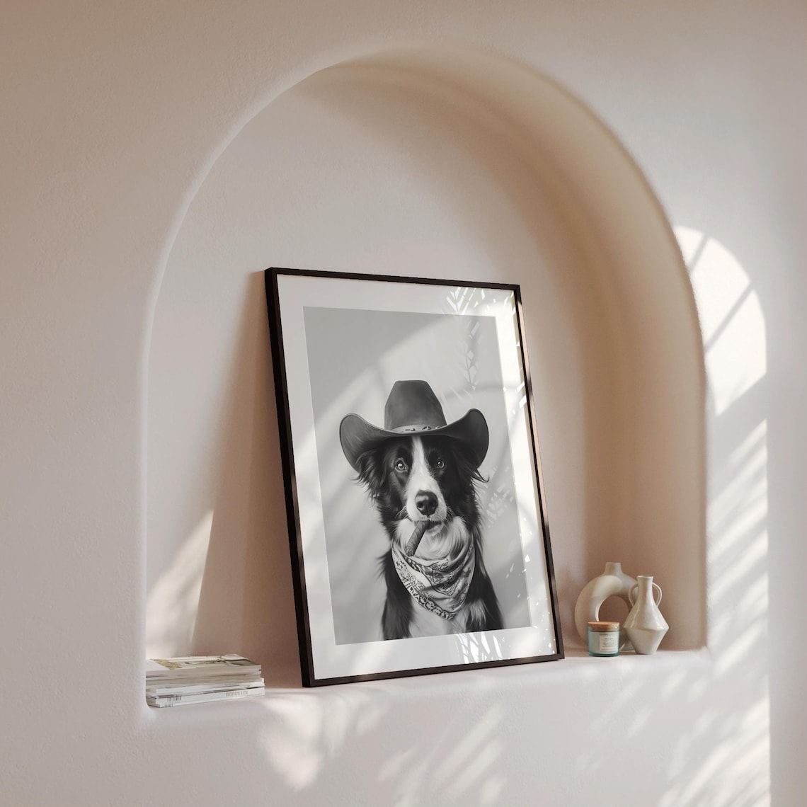Border Collie Cowboy Hat Bandana Cigar Western Dog Portrait Poster - Image 4