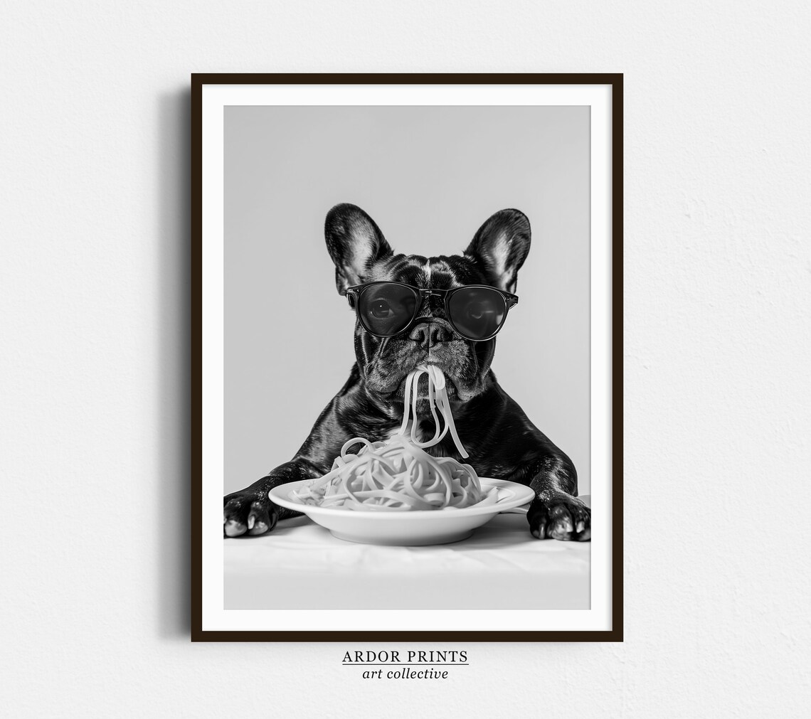 Frenchie Eating Pasta, Black and White Dog Art Print