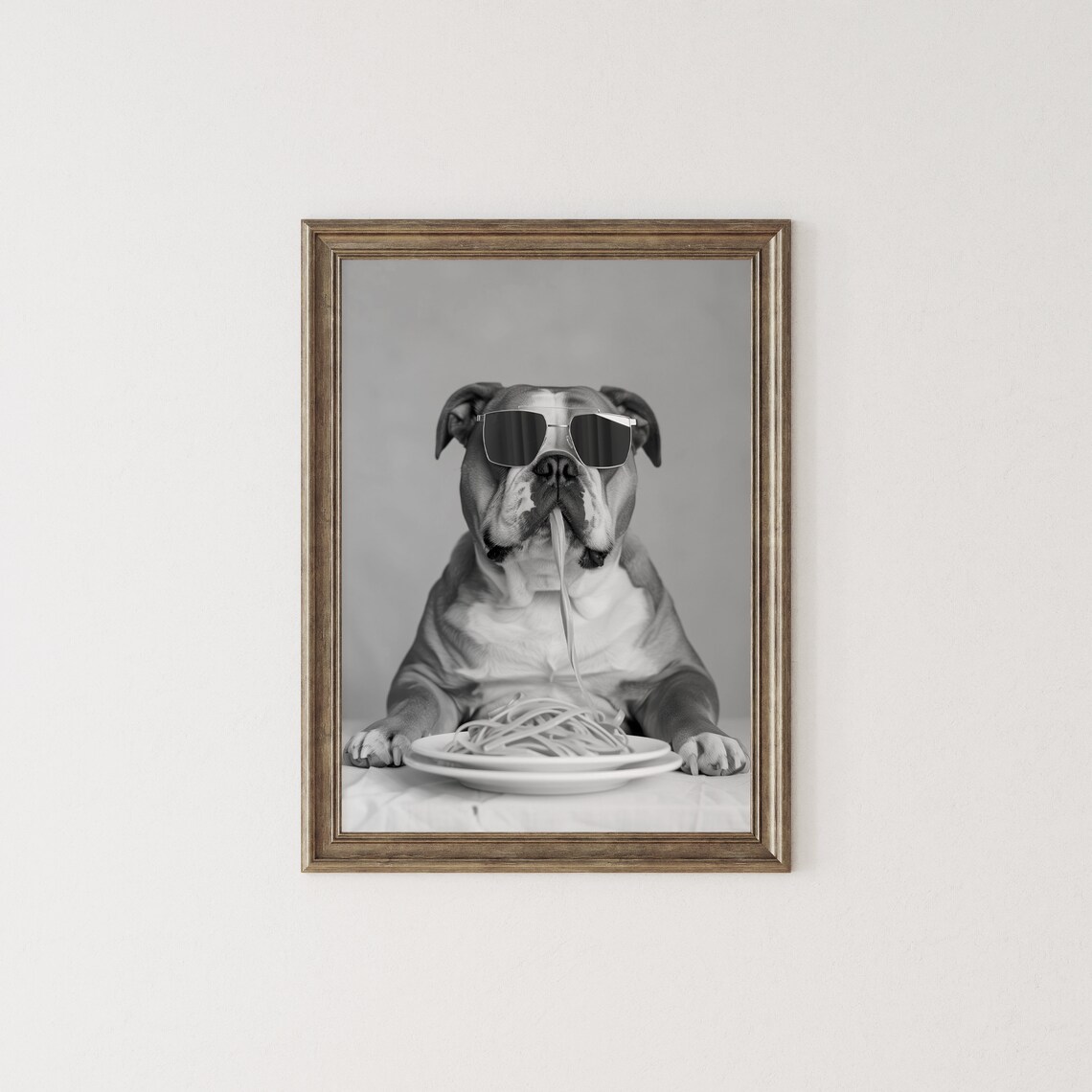English Bulldog Eating Pasta, Funny Food Art Print - Image 2