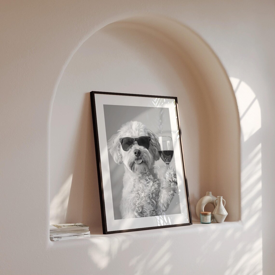 Cavachon Drinking Wine Black And White Art Print - Image 4