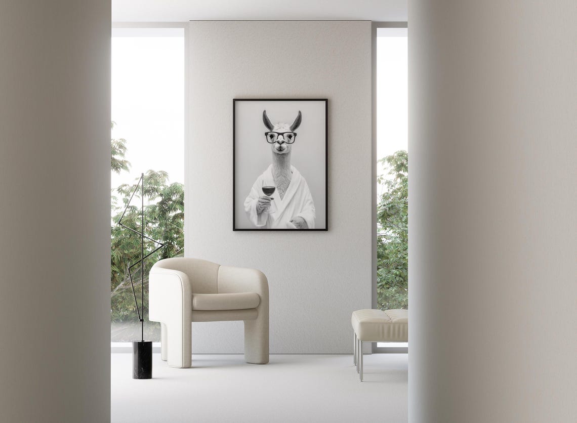 Llama in Bathrobe With Glasses Holding Wine Glass Funny Poster - Image 3