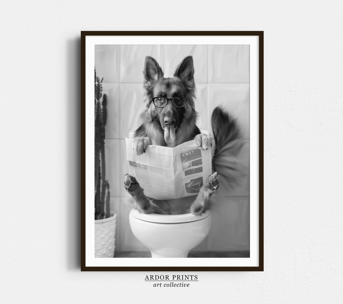 German Shepherd Sitting on Toilet Reading Newspaper Funny Dog Poster