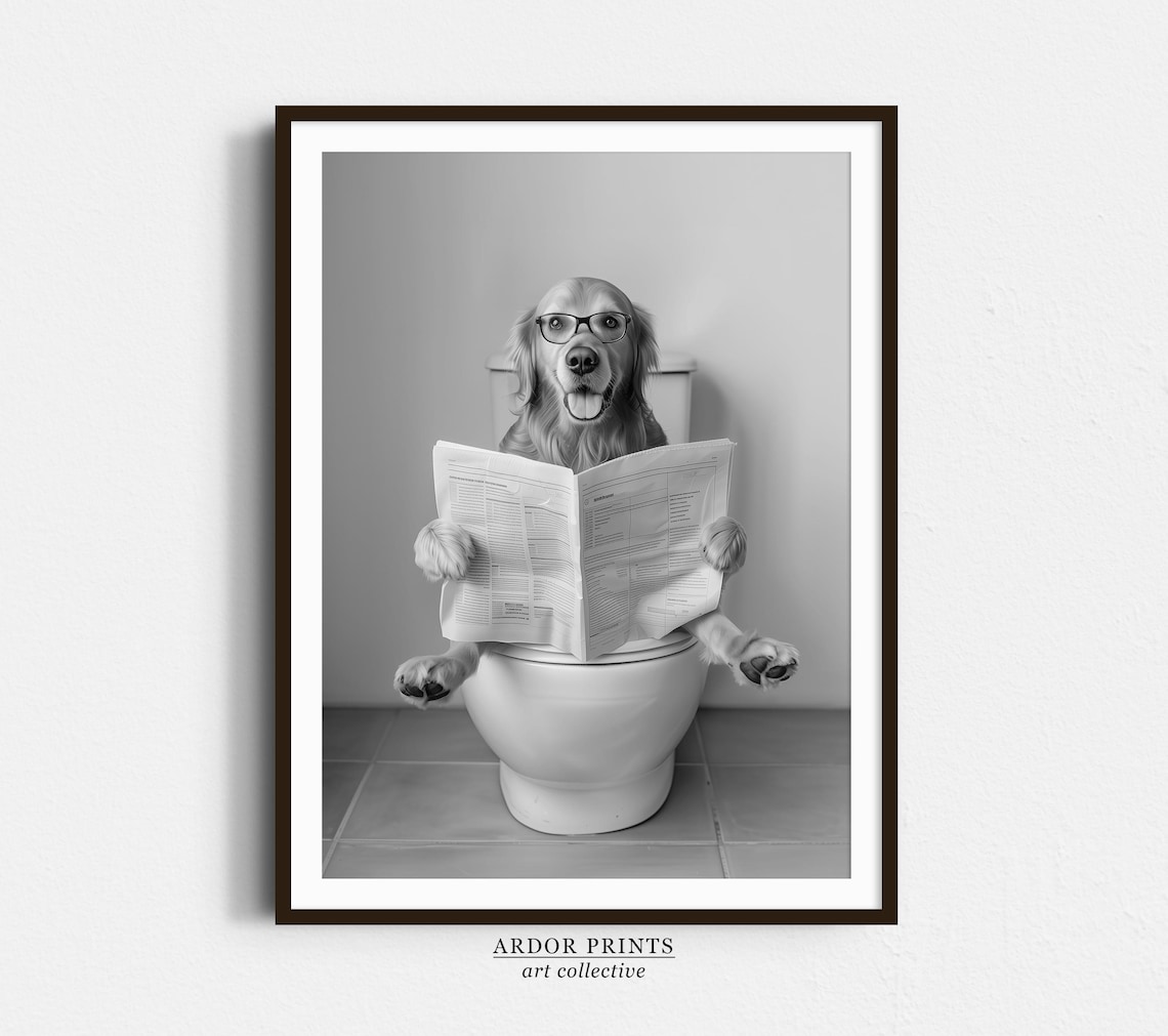 Golden Retriever Sitting on Toilet Reading Newspaper Funny Dog Poster