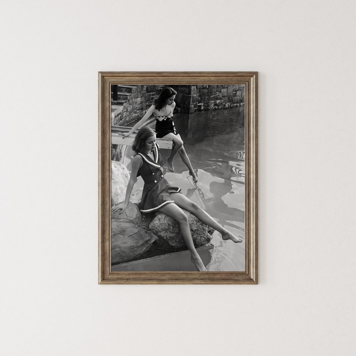 Women In Vintage Swimsuits By The Pool Retro Black And White Poster - Image 2