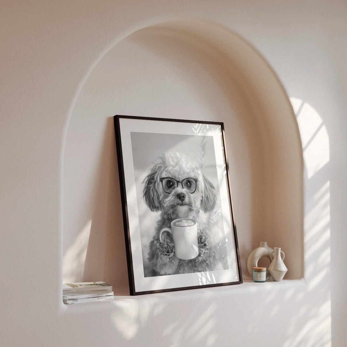 Maltipoo Drinking Coffee Black And White Art Print - Image 4