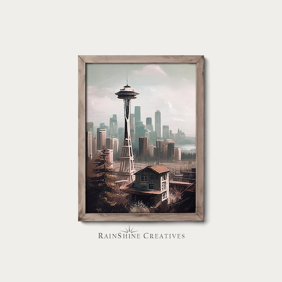 Seattle Space Needle Skyline Vintage Oil Painting Art Poster