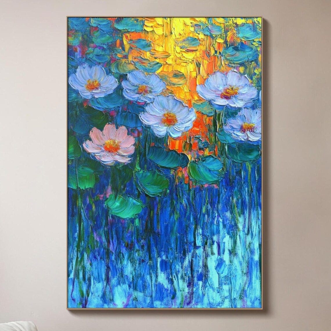 Water Lilies Pond Sunset Impressionist Floral Oil Painting Wall Art