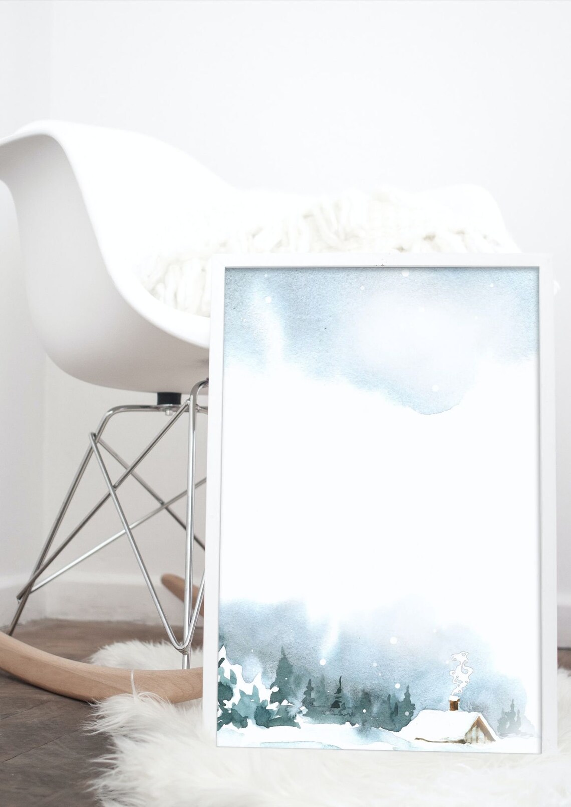 Snowy Cabin Winter Landscape Watercolor Cozy Christmas Art Poster - Image 3