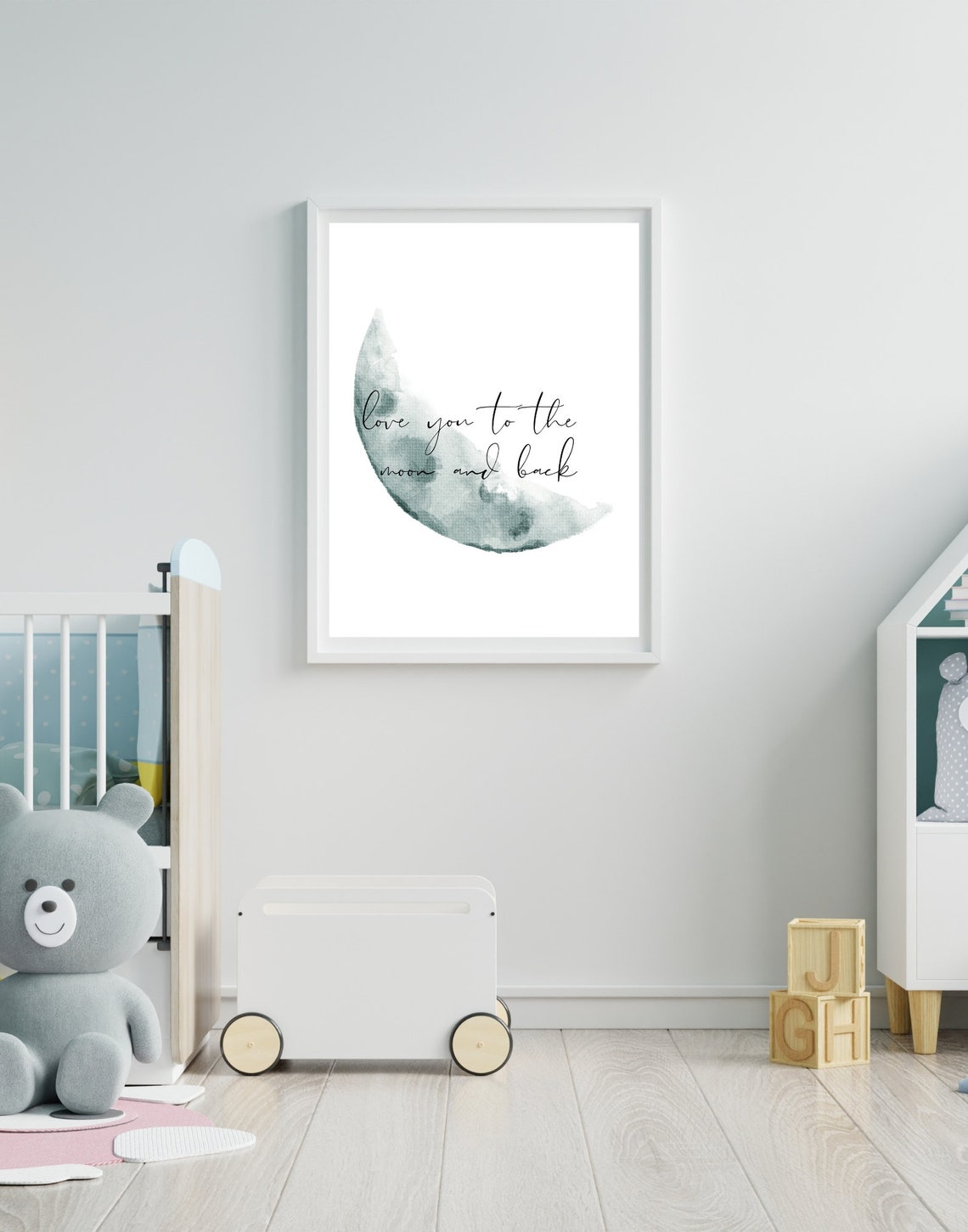 Love You To The Moon And Back Teal Crescent Watercolor Poster - Image 3