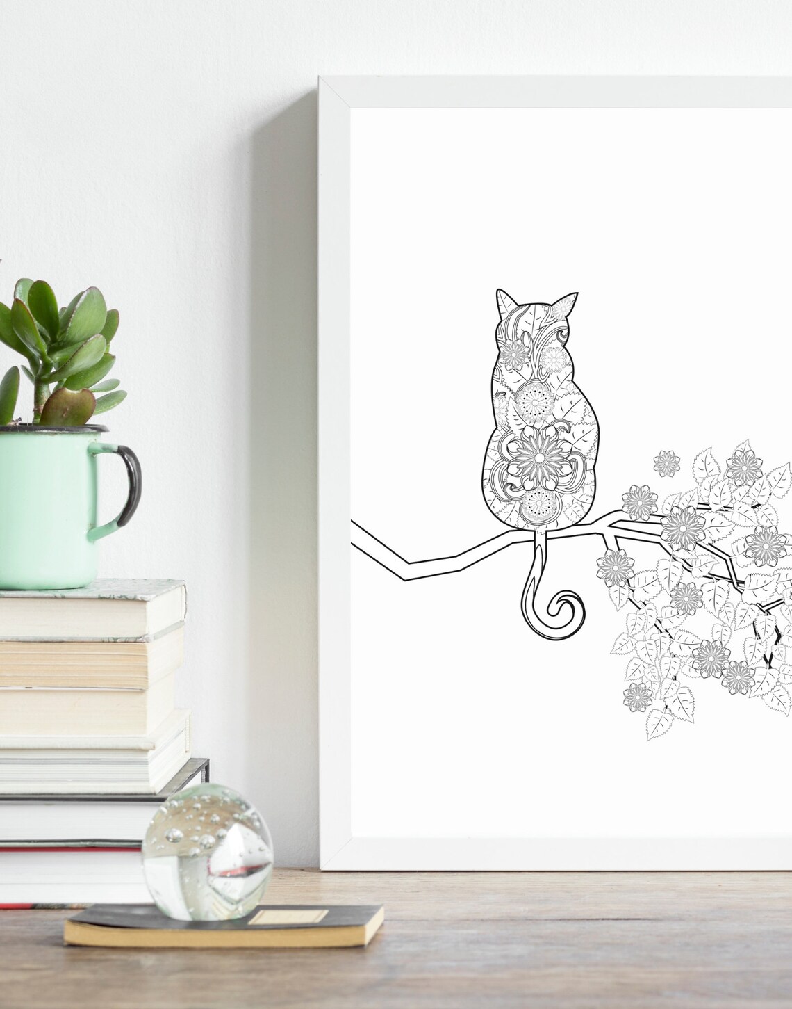Mandala Cat on Flower Branch Detailed Zen Line Art Animal Poster - Image 4