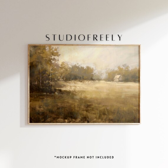 Autumn Meadow Cottage Earthy Tonal Landscape Oil Painting Poster