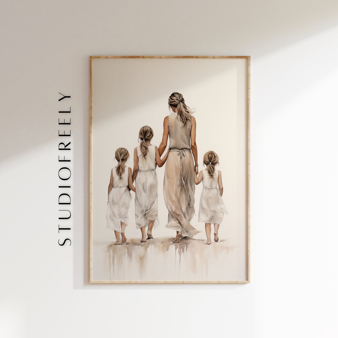 Mother And Daughters Watercolor Art Print, Family Decor