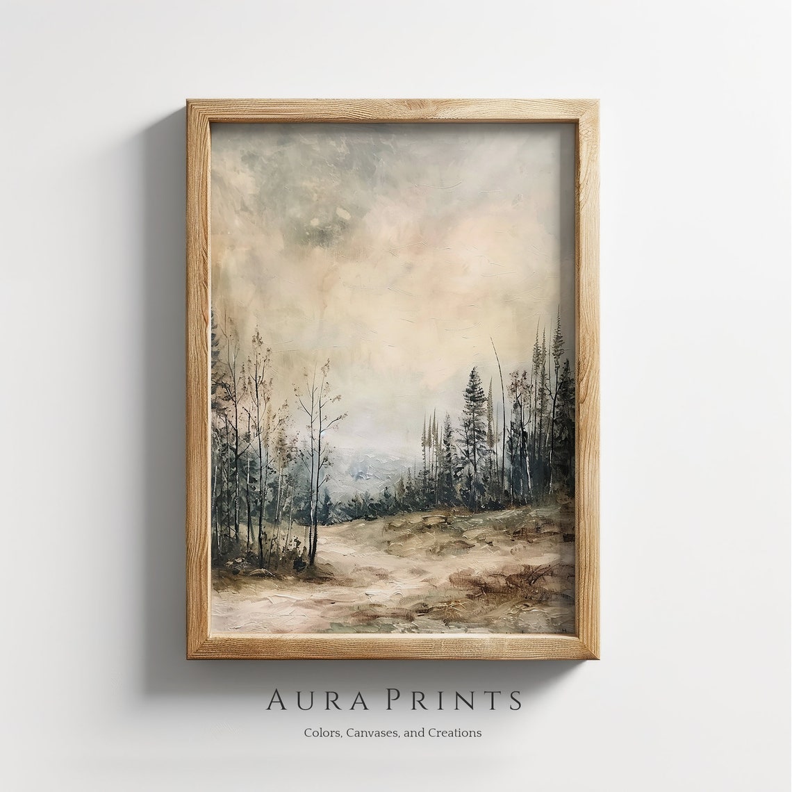 Misty Forest Clearing Birch Pines Neutral Rustic Painting Art Poster