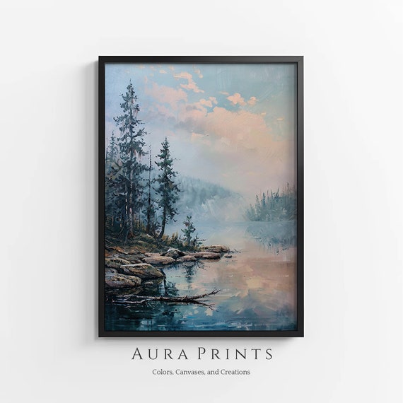 Misty Morning On The Lake Wall Art Vintage Waterscape Lakehouse Cottage Decor Gift 0864