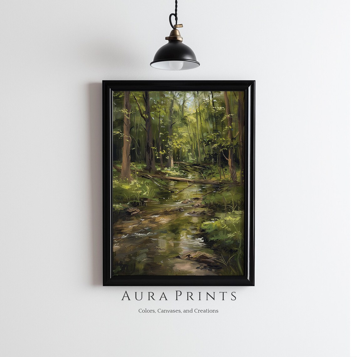 Serene Forest Stream Sunlit Woodland Vintage Oil Nature Poster