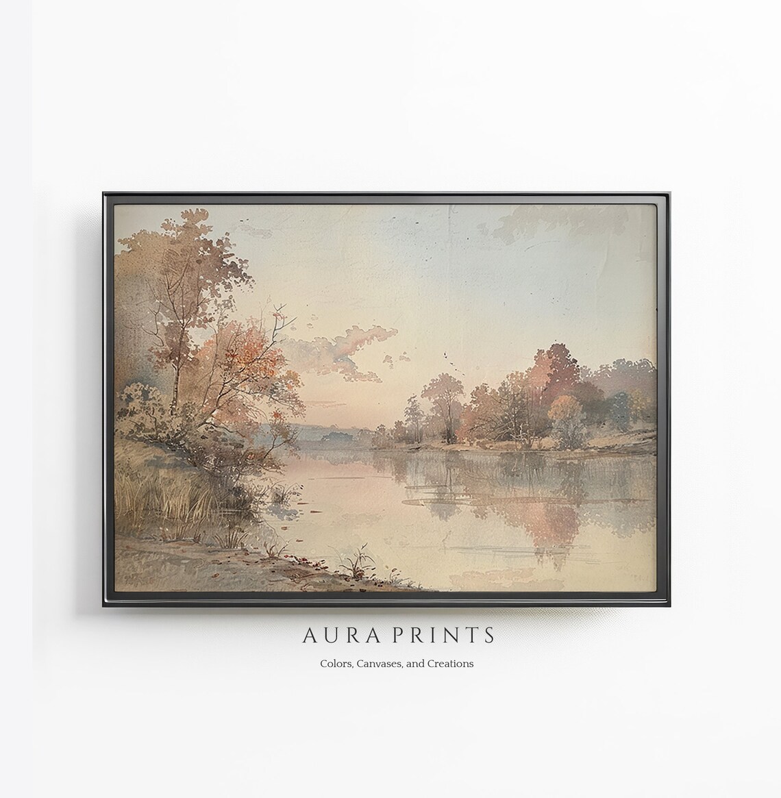 Quiet River Autumn Trees Soft Watercolor Nature Landscape Wall Art