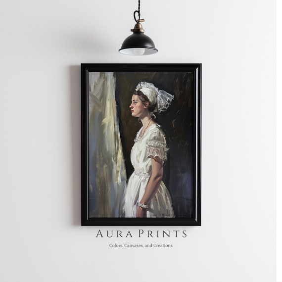 Vintage Elegant Woman In White Dress Portrait Oil Painting For Bedroom Wall Art 0256