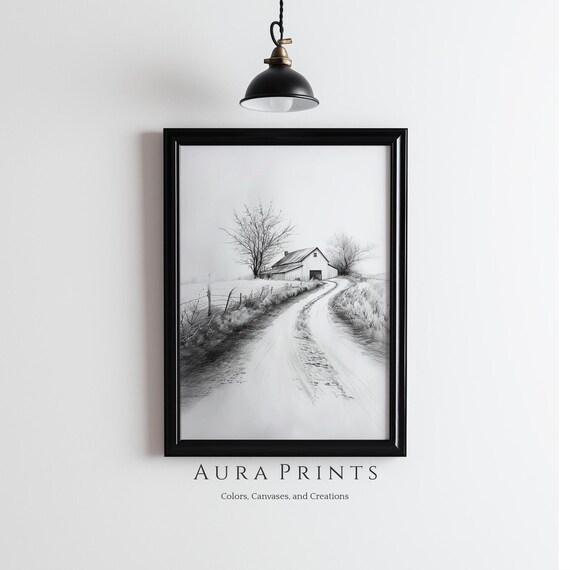 Barn Dirt Road Pencil Sketch Black White Rural Landscape Poster