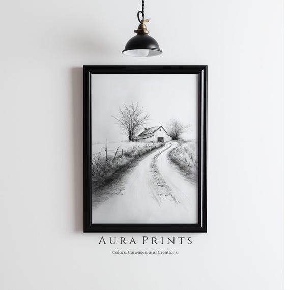 Country Road Scene Neutral Nursery Wall Decor Farmhouse Pencil Art Vintage Antique Gift 1146