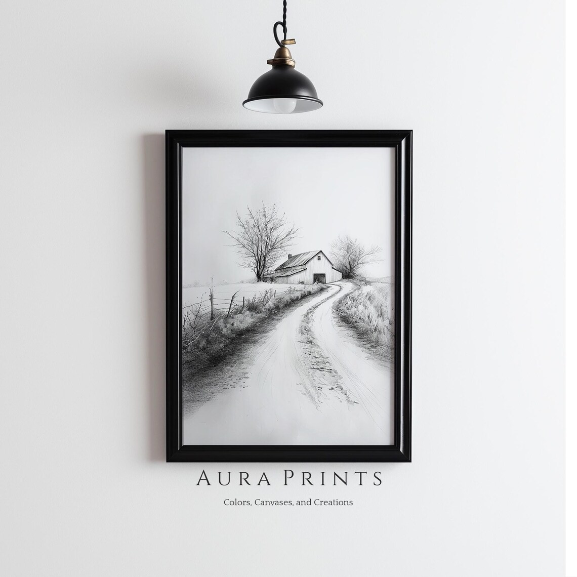 Barn Dirt Road Pencil Sketch Black White Rural Landscape Poster