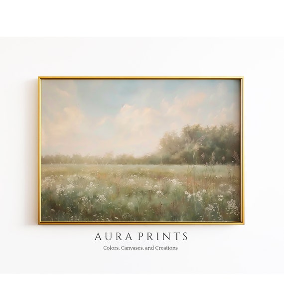 Spring Meadow Pond Vintage Oil Painting Rustic Cottage Wall Decor 0396
