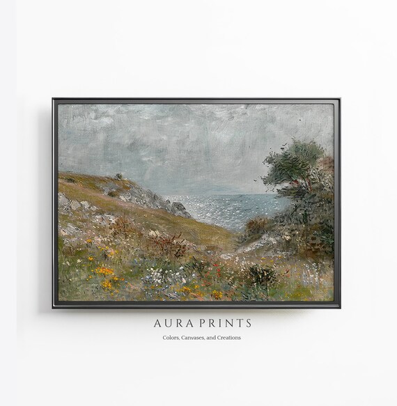 Coastal Wildflower Meadow Cliff Ocean View Impressionist Painting Poster
