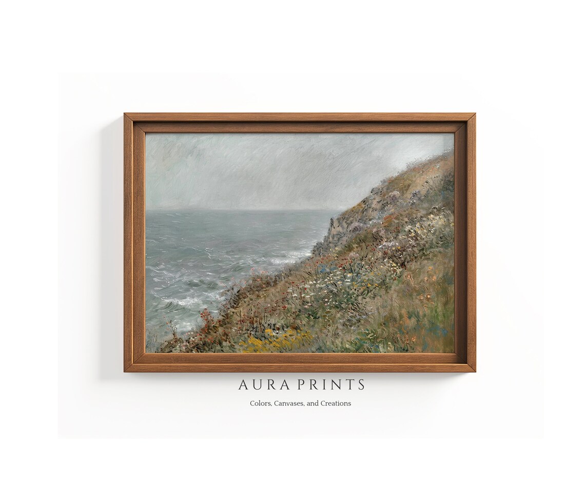Coastal Cliff Wildflower Meadow Impressionist Oil Painting Poster