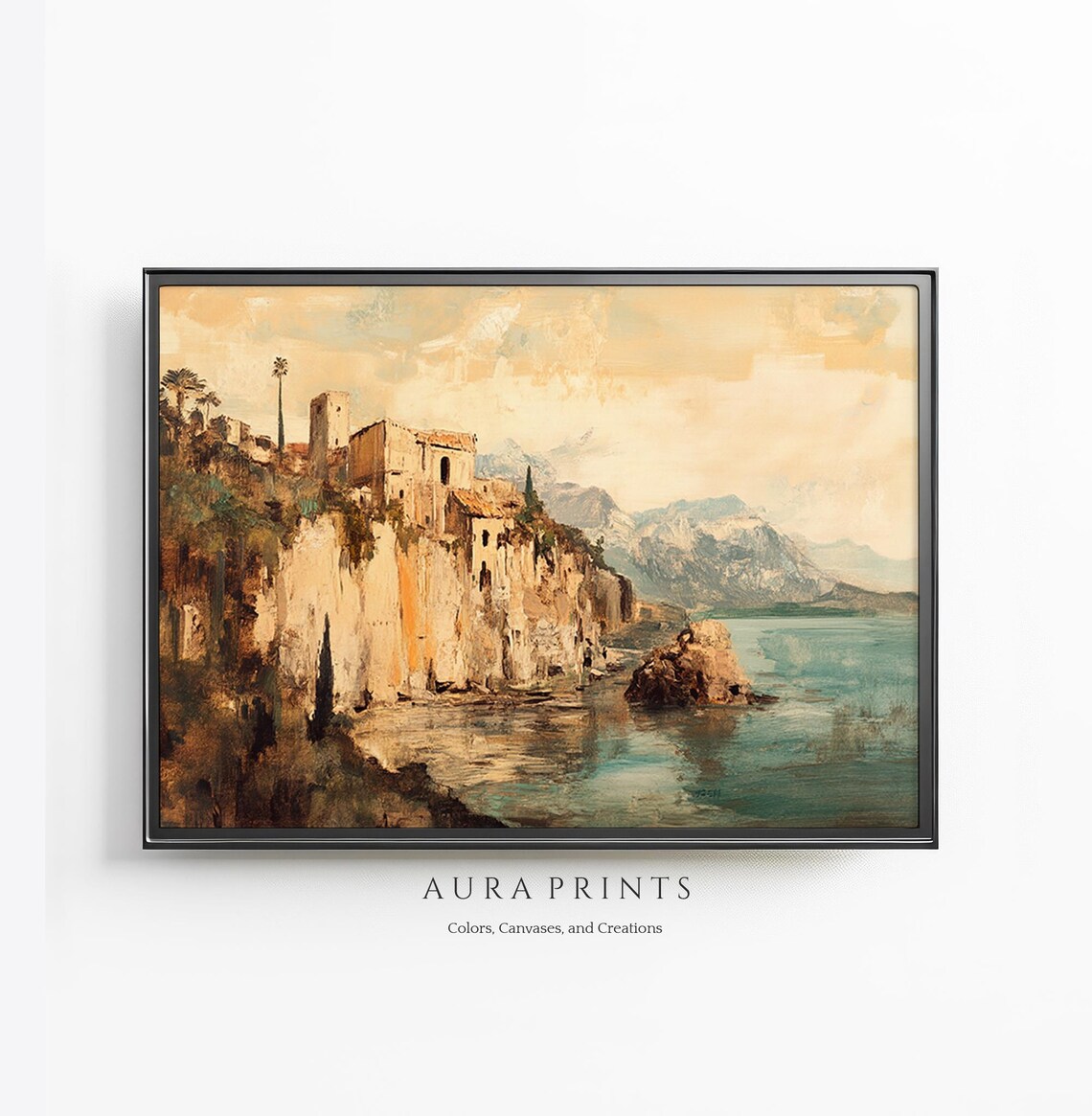 Italian Coastal Village Cliffside Vintage Oil Painting Poster