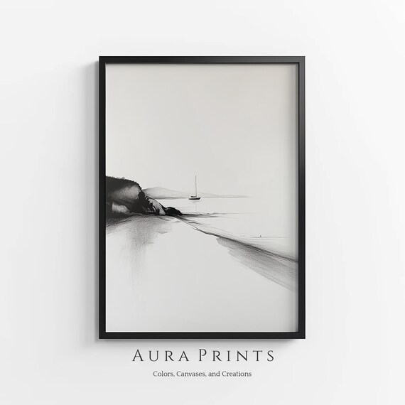 Minimalist Beach Sketch Sailboat Neutral Coastal Zen Art Poster