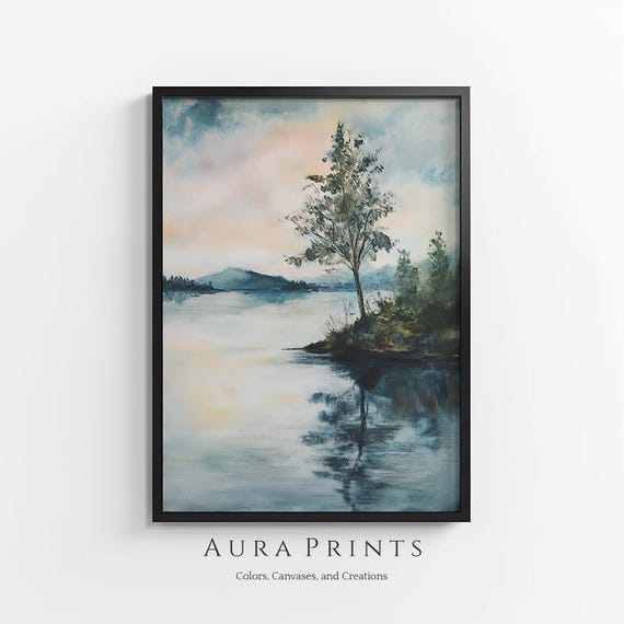 Cottage Lake Landscape Painting Vintage Green Pastel Wall Art 1247
