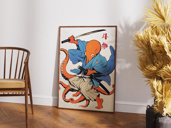 Ninja Octopus Samurai Sword Japanese Warrior Martial Art Animal Poster