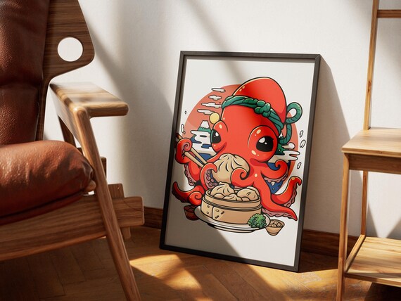 Dumplings Octopus Poster Octopus Kitchen Wall Art Japanese Ukyo E Style Kitchen Decor Octopus Art Chinese Bao Poster Japandi Art
