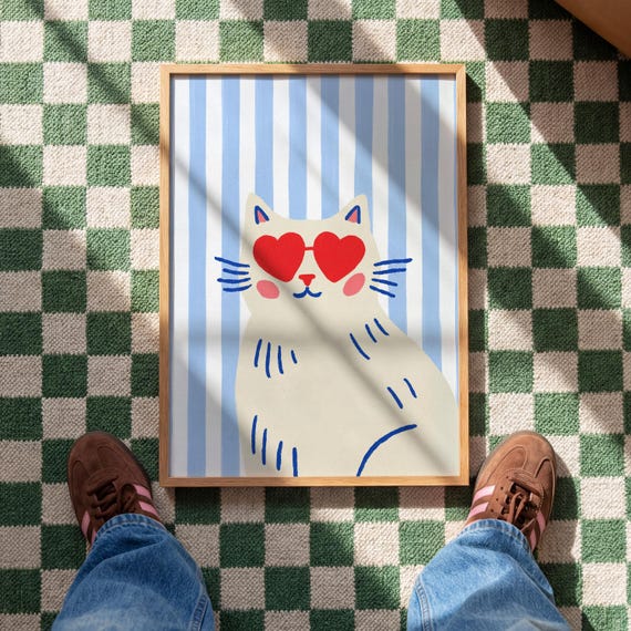 Fun Cat Wall Art Print Stripey Prints Blue Decor Hearts