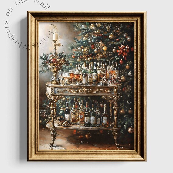 Christmas Bar Cart Wall Art Moody Xmas Oil Painting Art Bar Cart Decor Kitchen Art Print Winter Wall Art Moody Christmas Poster
