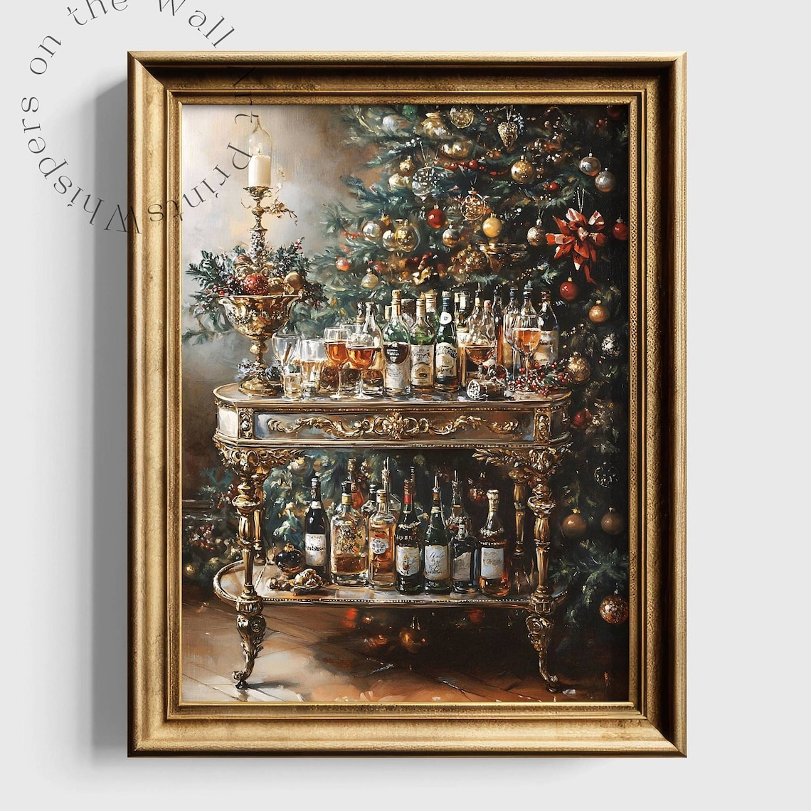 Christmas Bar Cart with Liquor Bottles Festive Holiday Oil Poster