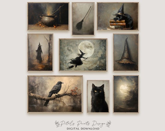 Witch Gallery Wall Prints Set, Vintage Halloween Art