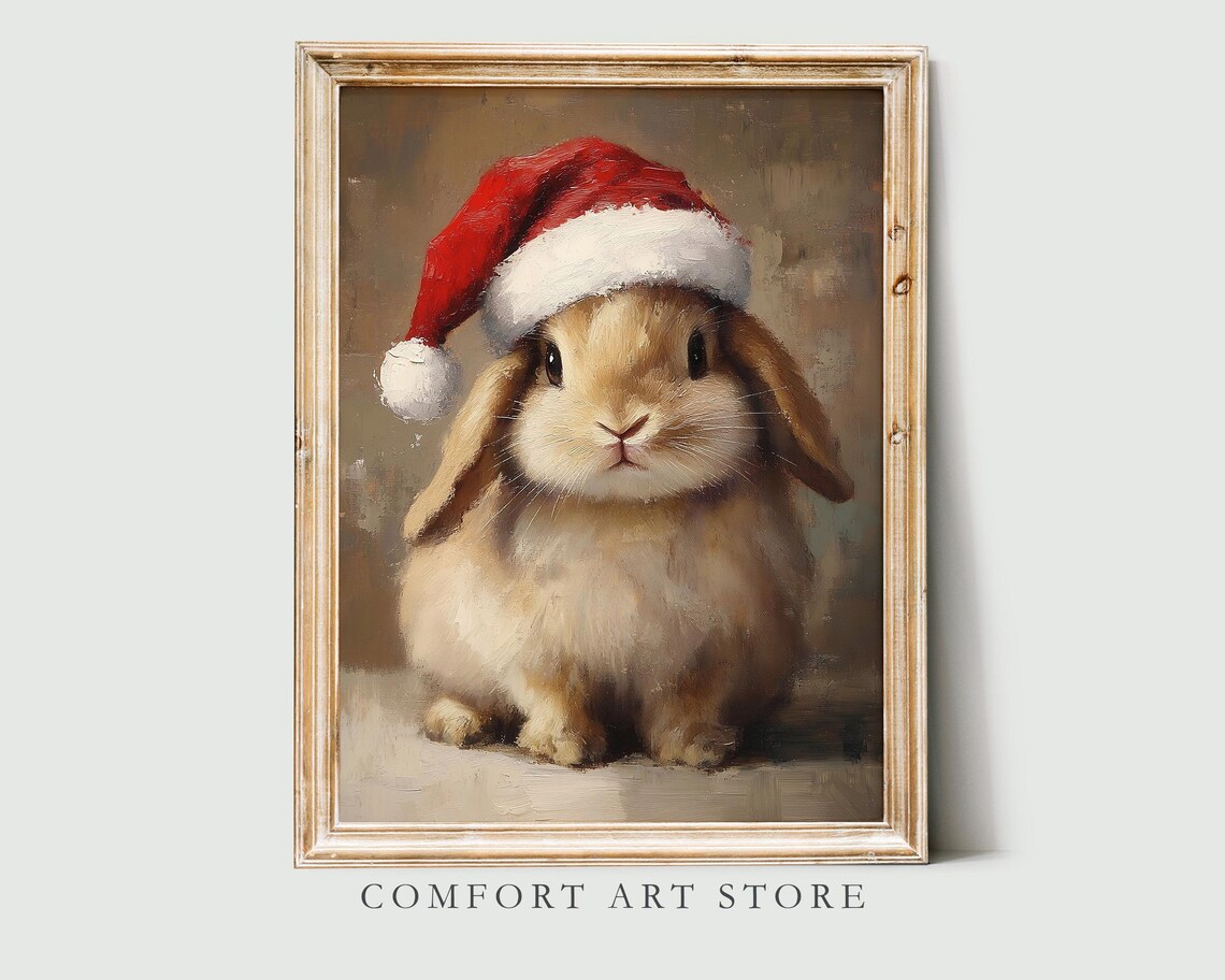 Precious Sweet Lop Eared Bunny in Santa Hat Holiday Art Poster