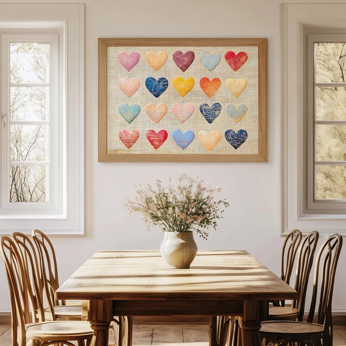 Valentines Stitched Fabric Hearts Grid Rustic Farmhouse Print